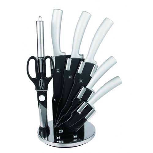 סט 8 חלקים 5 סכיני שף,משחזת ומספריים ומעמד שולחני מסתובב - Swiss